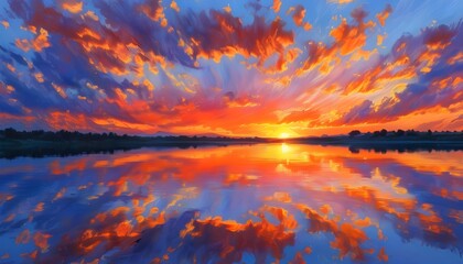 Wall Mural - vibrant sunset reflections on tranquil lake waters creating a mesmerizing scene