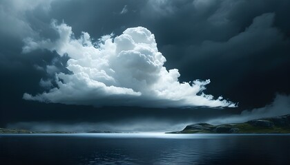 Wall Mural - Enigmatic clouds and mist evoke the divine above a dark, mysterious water body