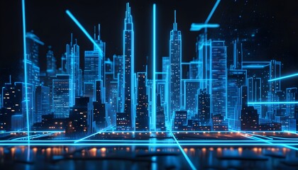 Wall Mural - Futuristic cityscape in glowing neon blue wireframe hologram showcasing iconic structures with intricate patterns against a dark void