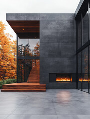 Canvas Print - Modern home with fireplace and large windows.