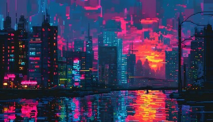 Canvas Print - Neon Dreams: A Glitched Cityscape in Pixel Art Reality