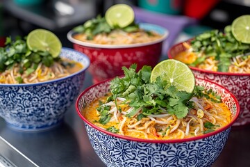 Wall Mural - Delicious Bowls of Noodles at Food Market