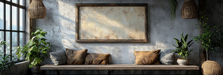 Canvas Print - Rustic living room with a large blank canvas above a wooden bench.