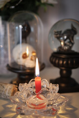 Candle with Glass Holder in Mystical Still Life Setting Featuring Skull and Cat