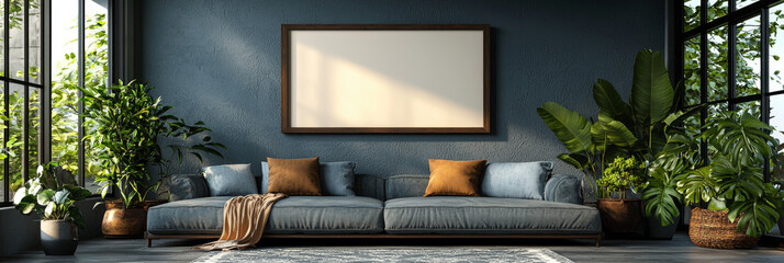 Poster - Modern living room with a large blue sectional sofa and plants