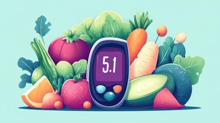 A variety of fresh vegetables and fruits surrounding a digital glucose meter with a score of 5.1. healthy food choices and blood sugar control. Concept of World Diabetes and Balanced Nutrition Day.