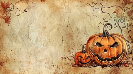 two carved pumpkins on a grungy paper background with vines and leaves