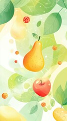 Wall Mural - Bright abstract design with fruits.green apples, yellow pears and berries, surrounded by flowing colored lines. natural health and well-being. Promoting healthy lifestyle and diabetes prevention. AI.