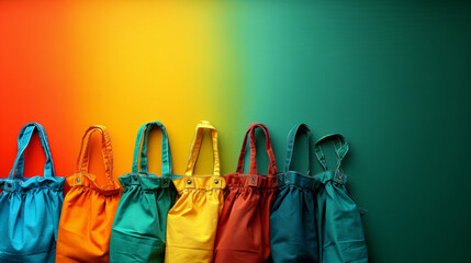 A series of six colorful tote bags in varied hues are neatly lined up against a smooth gradient background transitioning from yellow to green, creating a lively visual effect.