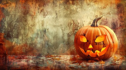 Glowing Jack-o'-lantern on Rustic Wooden Surface with Autumn Leaves