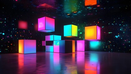 Wall Mural - Neon Cubes in a Blacklight Universe: A Retro-Futuristic 90s Visual Experience