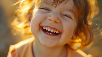 A closeup portrait of a young girl with red hair smiling and laughing.