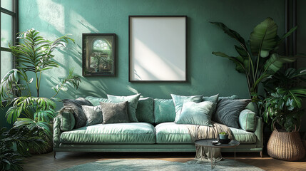 Poster - Green velvet sofa in a living room with large plants and a blank frame.