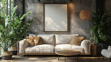 Wall Mural - A cozy living room with a large white couch and a large empty frame on the wall.