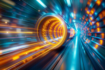 Poster - A vibrant tunnel filled with bright light trails creates the illusion of speed and motion. The colorful streams of light convey a sense of energy and advanced technology.