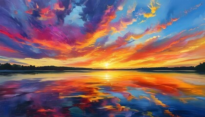 vibrant sunset reflections on a tranquil lake creating a stunning kaleidoscope of colors