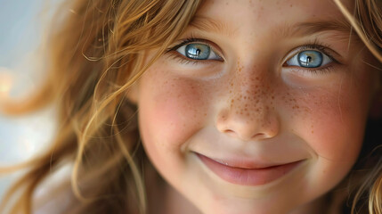 A close-up portrait of a little girl with freckles and blue eyes smiling.