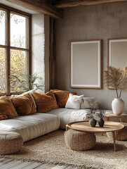 Canvas Print - Cozy living room with a large sectional sofa, wooden coffee table, and a jute rug.