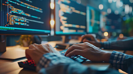 Close-up of a programmer's hands typing on a keyboard in front of a computer screen displaying code.