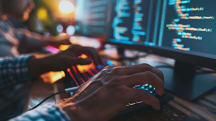 A close-up of a person's hands typing on a keyboard with a computer screen showing code in the background.