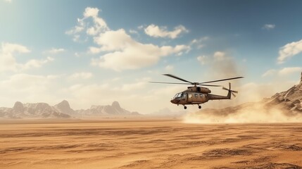 A military helicopter flies low over a desert landscape, kicking up dust as it passes.