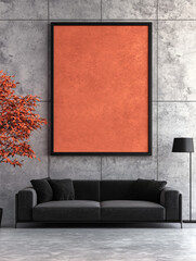 Canvas Print - Minimalist living room with a black sofa and an orange painting above it.