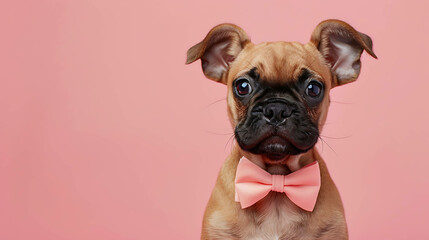 A cute French bulldog puppy with a pink bow tie looks at the camera.