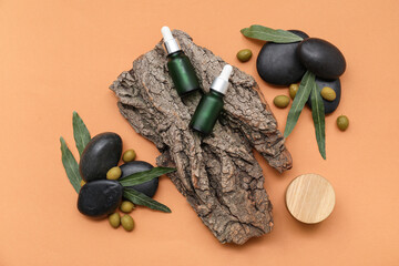 Wall Mural - Composition with natural cosmetic products, tree bark, spa stones and green olives on color background