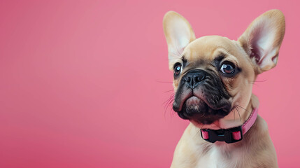 Wall Mural - Cute French bulldog puppy looking up on a pink background.