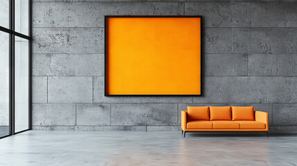 Poster - Modern living room with an orange couch and a large framed artwork.