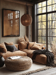 Canvas Print - Cozy living room with a large window and a sectional sofa.