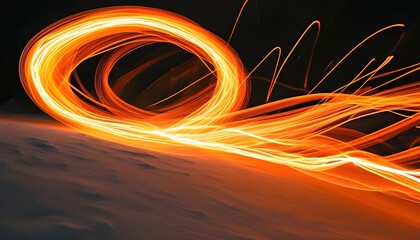 Poster - Dynamic orange light swirls creating an energetic movement through long exposure light painting on a bright surface