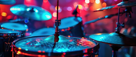 Wall Mural - drum kit with cymbals on stage, blurry background.