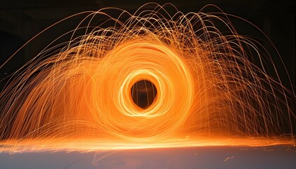 Poster - Dynamic orange light swirls creating an energetic movement through long exposure light painting on a bright surface