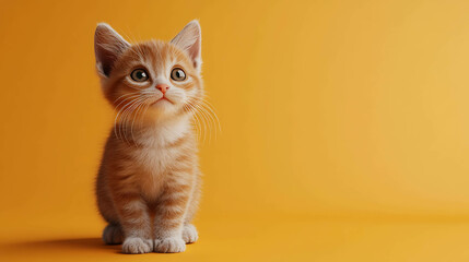 Cute orange tabby kitten looking up with curious eyes against a yellow background.