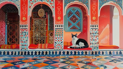a black and white cat resting in a colorful moroccan-style interior