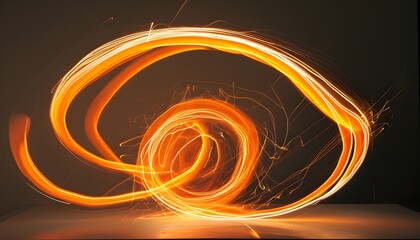 Poster - Dynamic orange light swirls creating an energetic movement through long exposure light painting on a bright surface