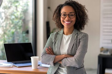 Attractive African American woman in casual attire with a striped blazer, sitting on a coffee table in her home office, smiling with arms crossed near a laptop and white paper cup, surrounded by moder