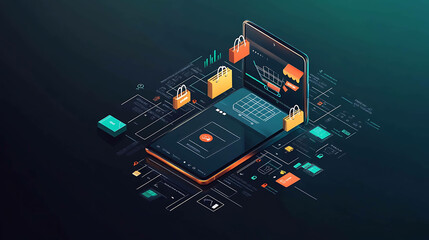 A 3D illustration of a phone and tablet connected to a network of data and e-commerce icons.