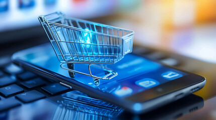 Close up of a shopping cart on top of a smartphone.