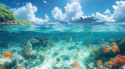 Wall Mural - Underwater scene with colorful fish and a cruise ship above the coral reef.