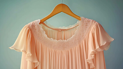 Sticker - A delicate, blush pink dress with a lace trim and frilly sleeves hangs on a wooden hanger.