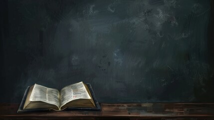 Open Book on Wooden Table with Chalkboard Background