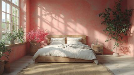 Canvas Print - A bedroom with a large bed, pink walls, and a large window.