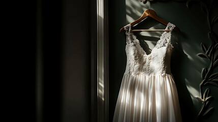 Wall Mural - A white wedding dress hangs on a wooden hanger, illuminated by a ray of sunlight.