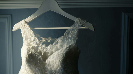 Wall Mural - White wedding dress on a hanger in a dark room.