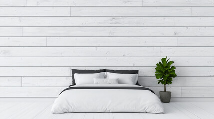 Wall Mural - Minimalist bedroom with a white bed, a houseplant, and a white wood wall.