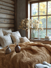 Poster - Cozy bed with a warm mustard blanket in a rustic cabin.