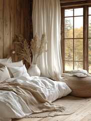 Wall Mural - Cozy bedroom with white linens and a wooden wall.