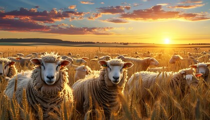 Wall Mural - Golden Wheat Fields at Sunset with Grazing Sheep: A Tribute to Agriculture and Livestock Husbandry